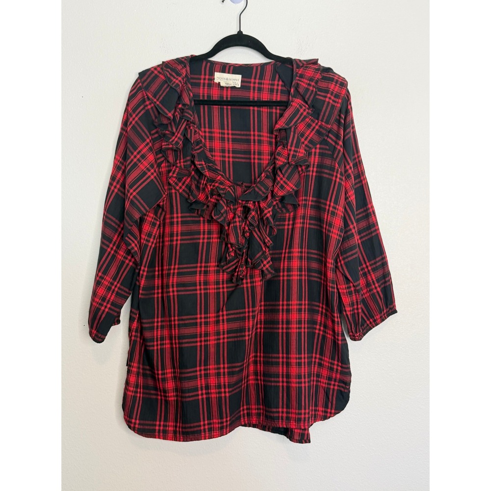 Denim & Supply Ralph Lauren Red Black Plaid Ruffle V-Neck Blouse L